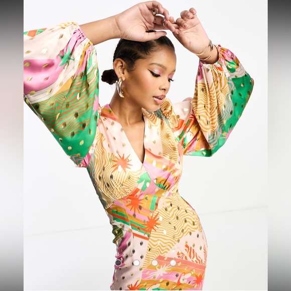 Never Fully Dressed Women’s 4 BEAUTIFUL Colorful Pink Gold Silky Maxi Dress - Picture 4 of 15